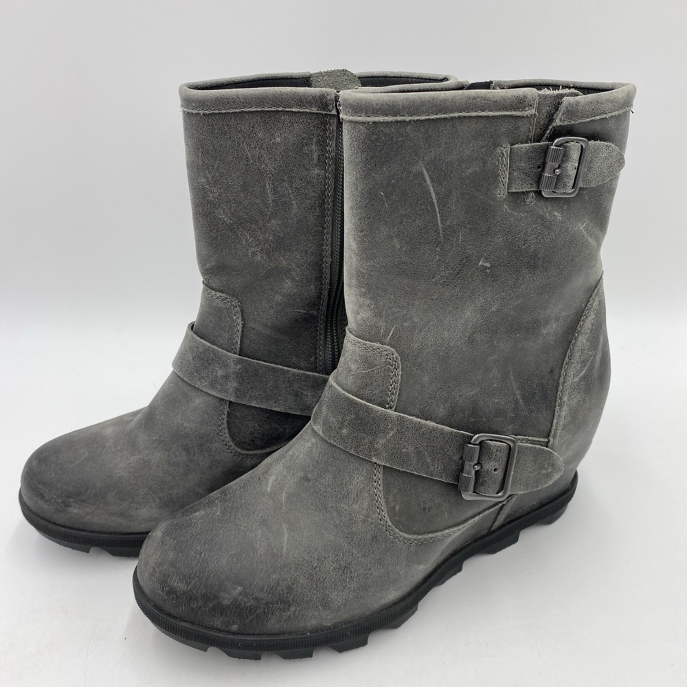 Sorel Joan Of Arctic III Gray Leather Zip Up Ankle Wedge Booties Size 9.5 Zipper